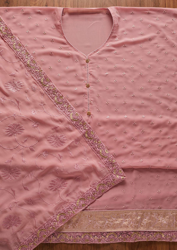 Onion Pink Threadwork Georgette Designer Unstitched Salwar Suit - koskii