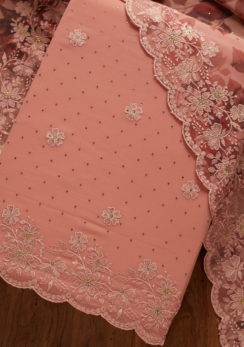 Onion Pink Threadwork Georgette Designer Unstitched Salwar Suit - koskii