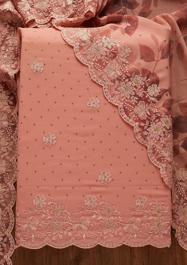 Onion Pink Threadwork Georgette Designer Unstitched Salwar Suit - koskii