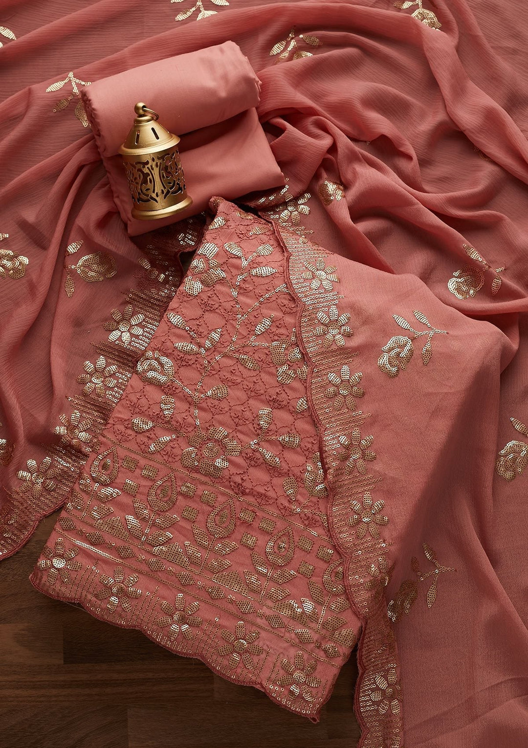Onion Pink Threadwork Georgette Designer Unstitched Salwar Suit - Koskii