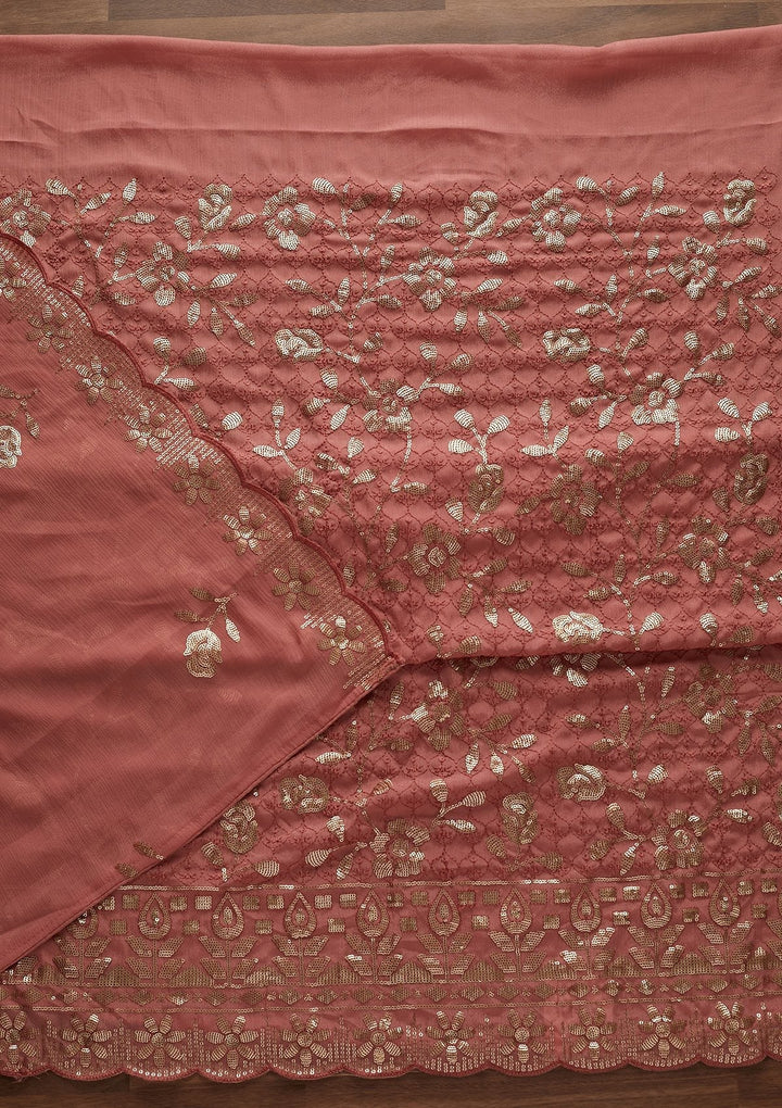 Onion Pink Threadwork Georgette Designer Unstitched Salwar Suit - Koskii