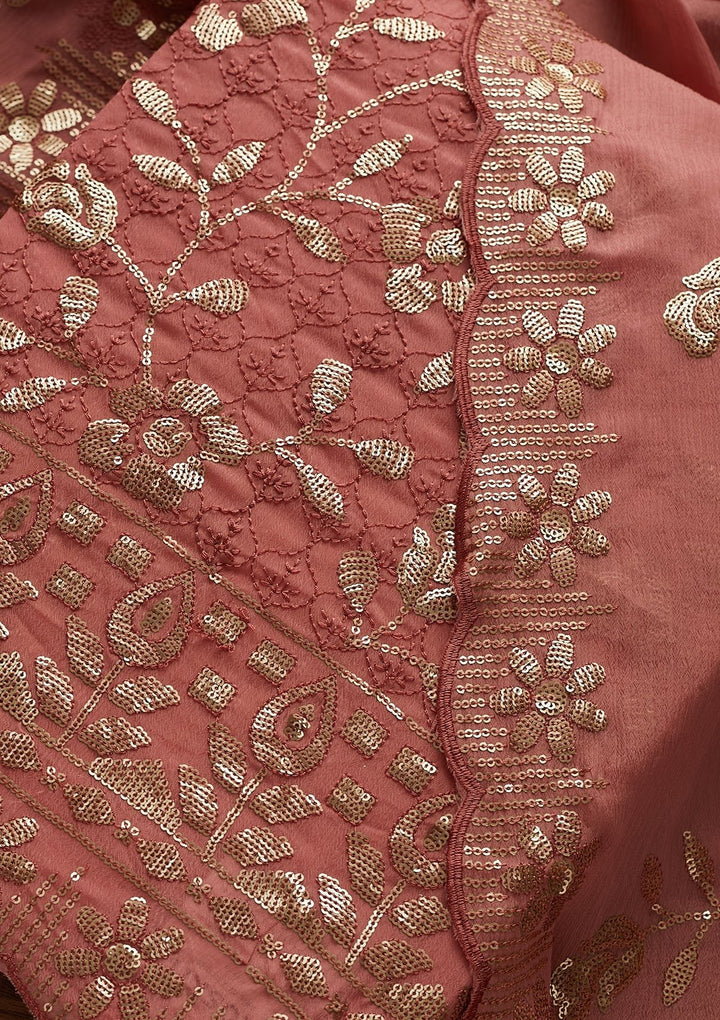 Onion Pink Threadwork Georgette Designer Unstitched Salwar Suit - Koskii