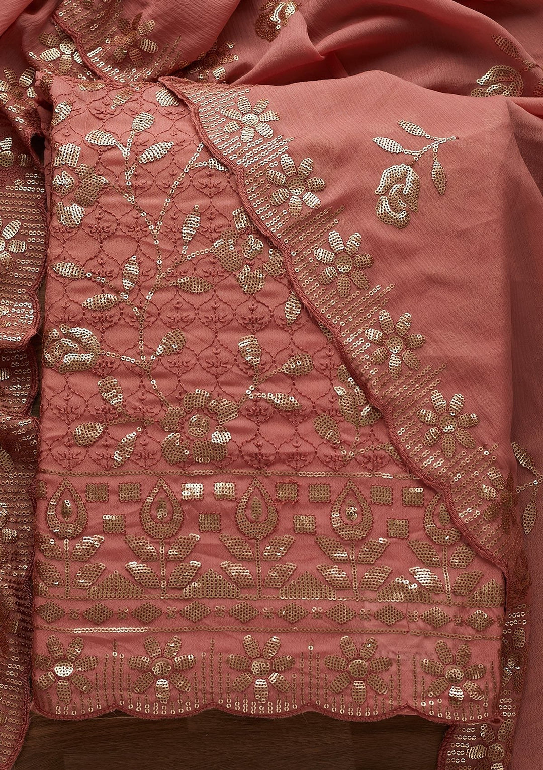 Onion Pink Threadwork Georgette Designer Unstitched Salwar Suit - Koskii