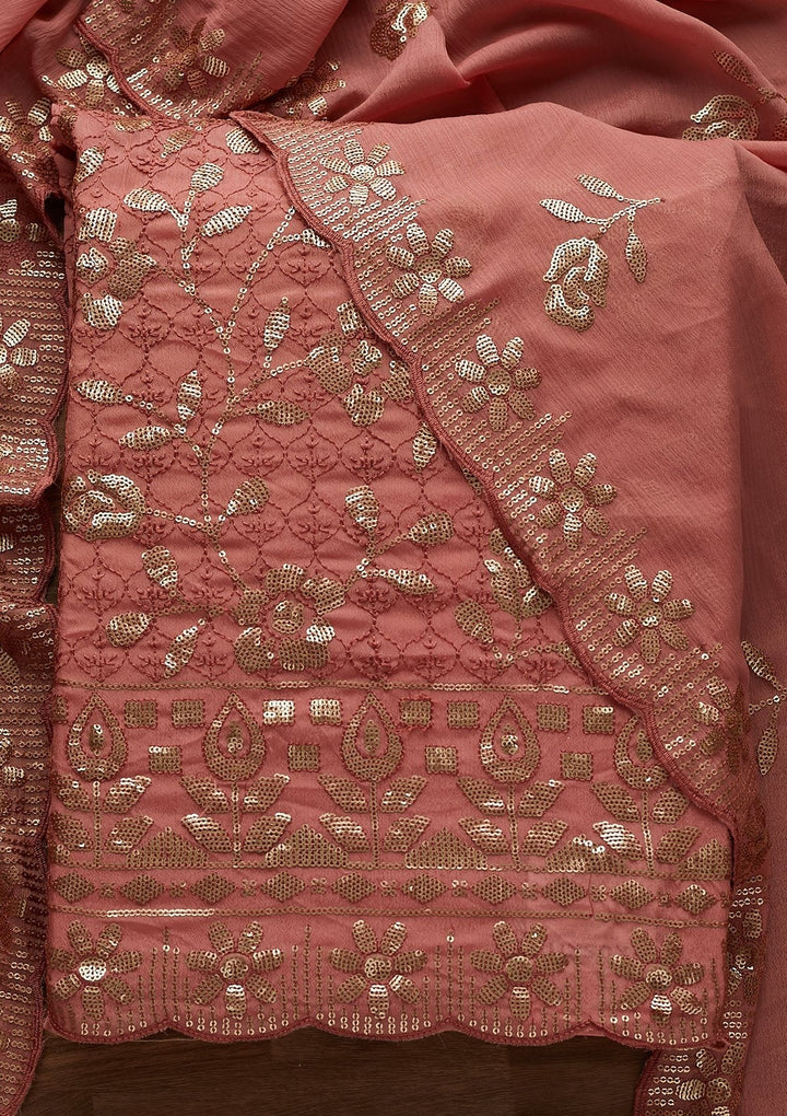 Onion Pink Threadwork Georgette Designer Unstitched Salwar Suit - Koskii