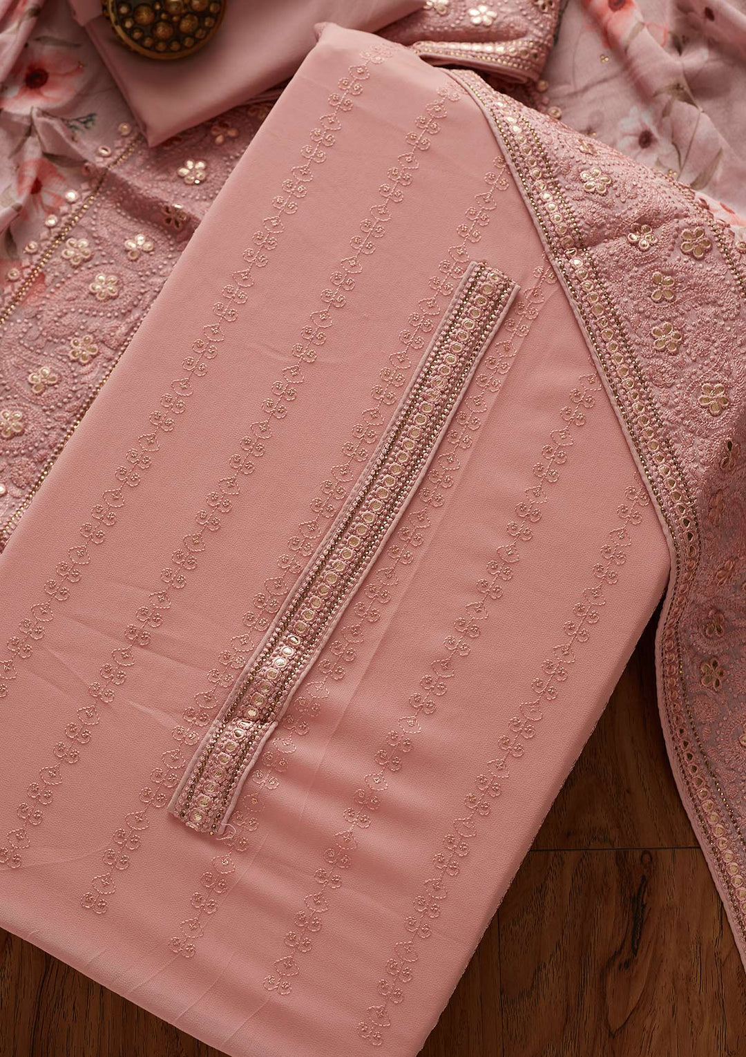 Onion Pink Threadwork Georgette Designer Unstitched Salwar Suit - koskii