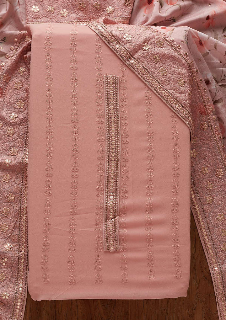Onion Pink Threadwork Georgette Designer Unstitched Salwar Suit - koskii