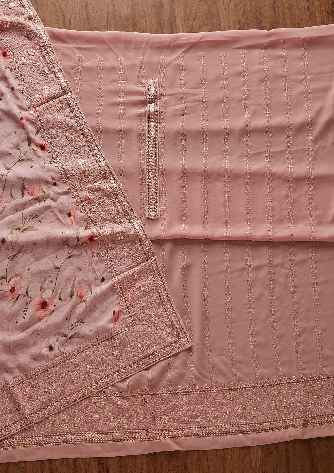 Onion Pink Threadwork Georgette Designer Unstitched Salwar Suit - koskii