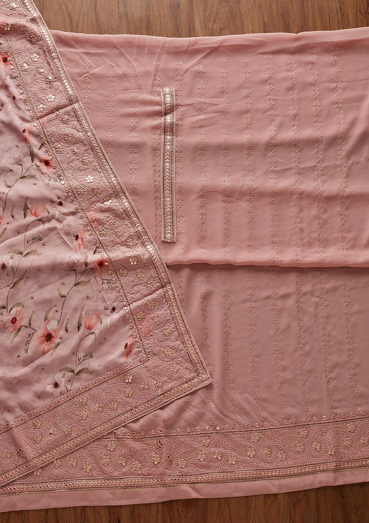 Onion Pink Threadwork Georgette Designer Unstitched Salwar Suit - koskii