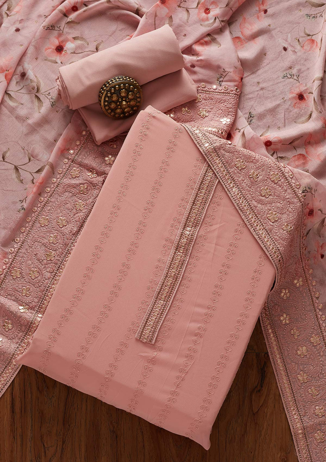 Onion Pink Threadwork Georgette Designer Unstitched Salwar Suit - koskii