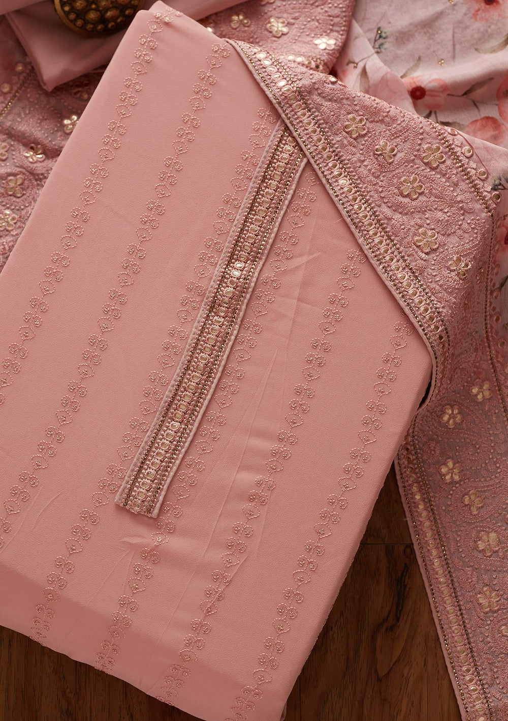 Onion Pink Threadwork Georgette Designer Unstitched Salwar Suit - koskii