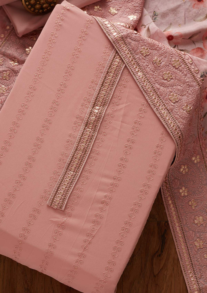 Onion Pink Threadwork Georgette Designer Unstitched Salwar Suit - koskii