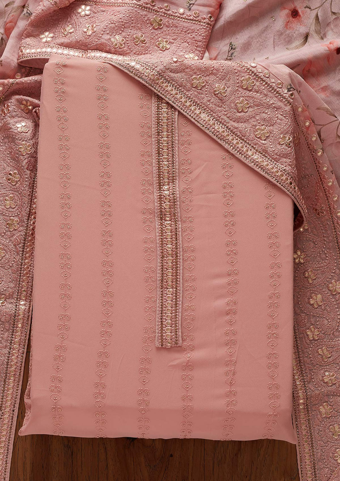 Onion Pink Threadwork Georgette Designer Unstitched Salwar Suit - koskii