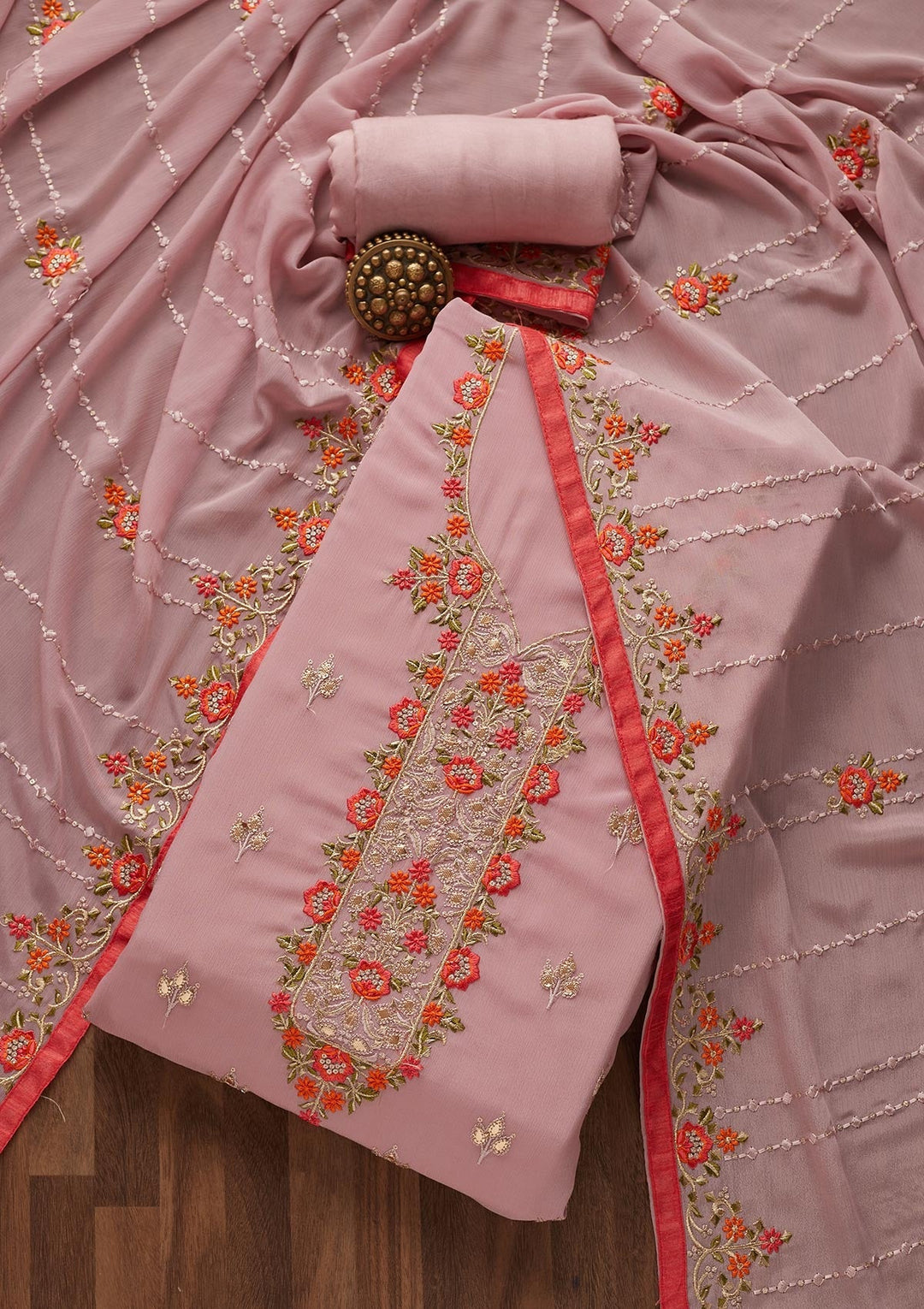 Onion Pink Threadwork Georgette Unstitched Salwar Suit - Koskii