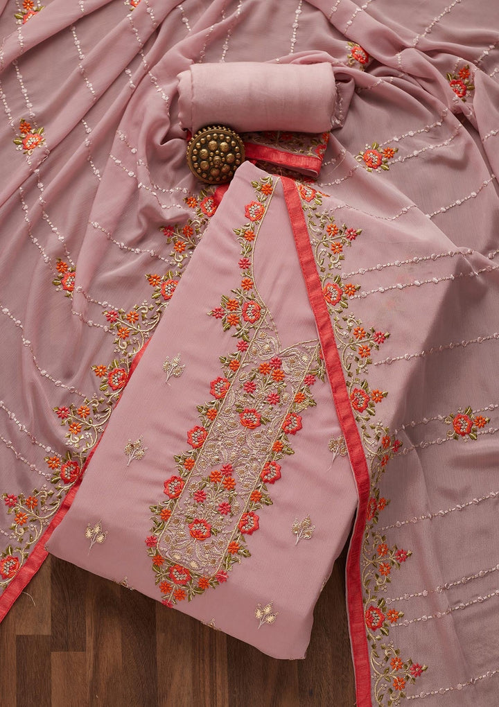 Onion Pink Threadwork Georgette Unstitched Salwar Suit - Koskii