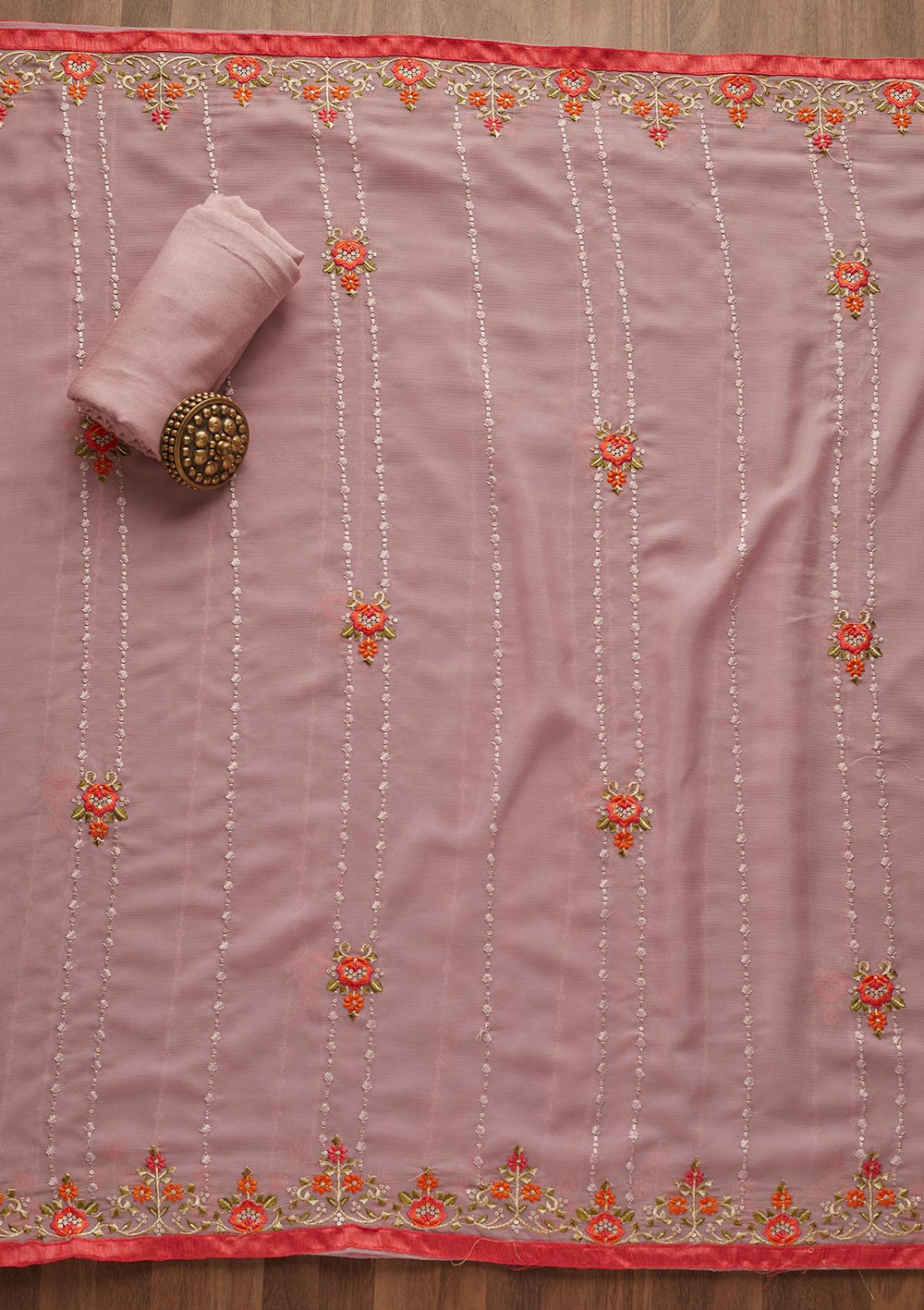Onion Pink Threadwork Georgette Unstitched Salwar Suit - Koskii