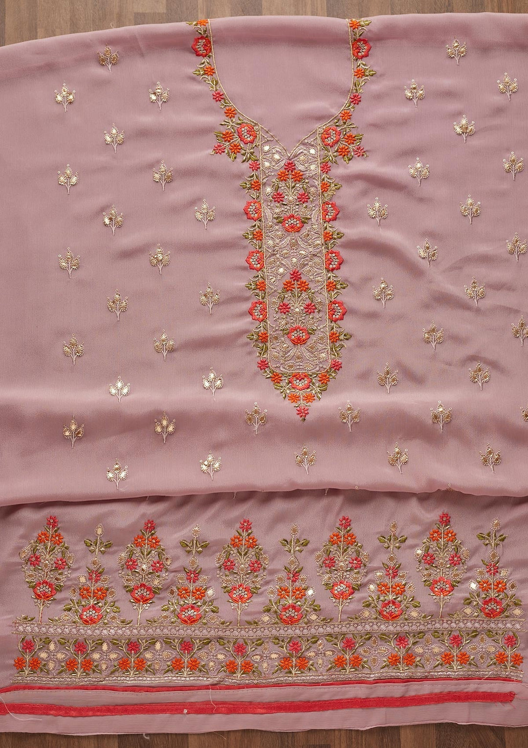 Onion Pink Threadwork Georgette Unstitched Salwar Suit - Koskii