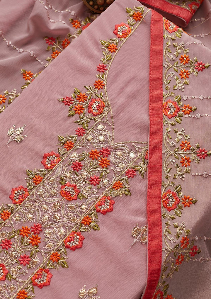 Onion Pink Threadwork Georgette Unstitched Salwar Suit - Koskii