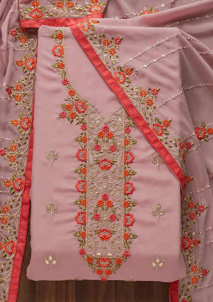 Onion Pink Threadwork Georgette Unstitched Salwar Suit - Koskii