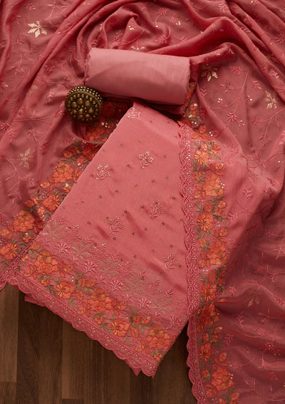 Onion Pink Threadwork Georgette Unstitched Salwar Suit-Koskii
