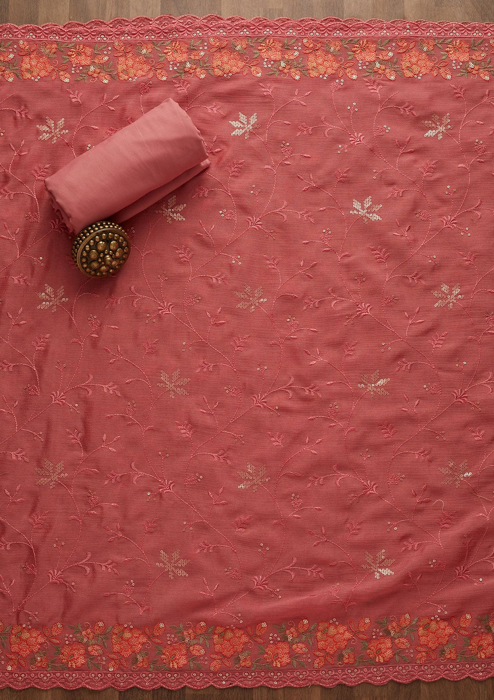 Onion Pink Threadwork Georgette Unstitched Salwar Suit-Koskii