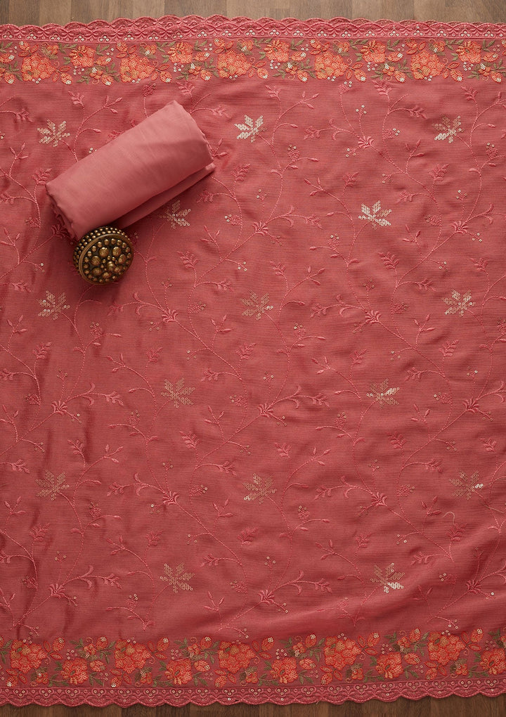 Onion Pink Threadwork Georgette Unstitched Salwar Suit-Koskii