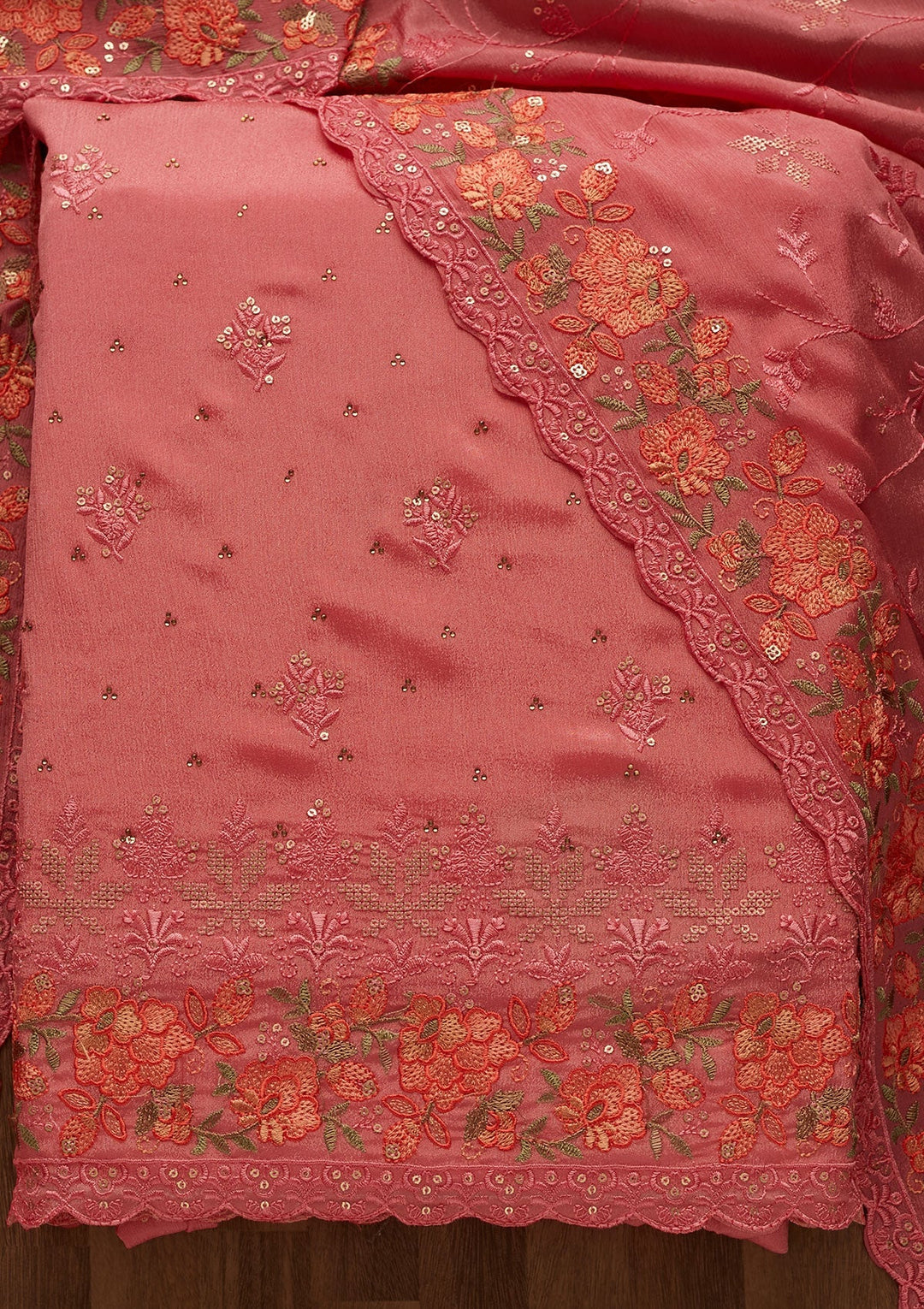Onion Pink Threadwork Georgette Unstitched Salwar Suit-Koskii