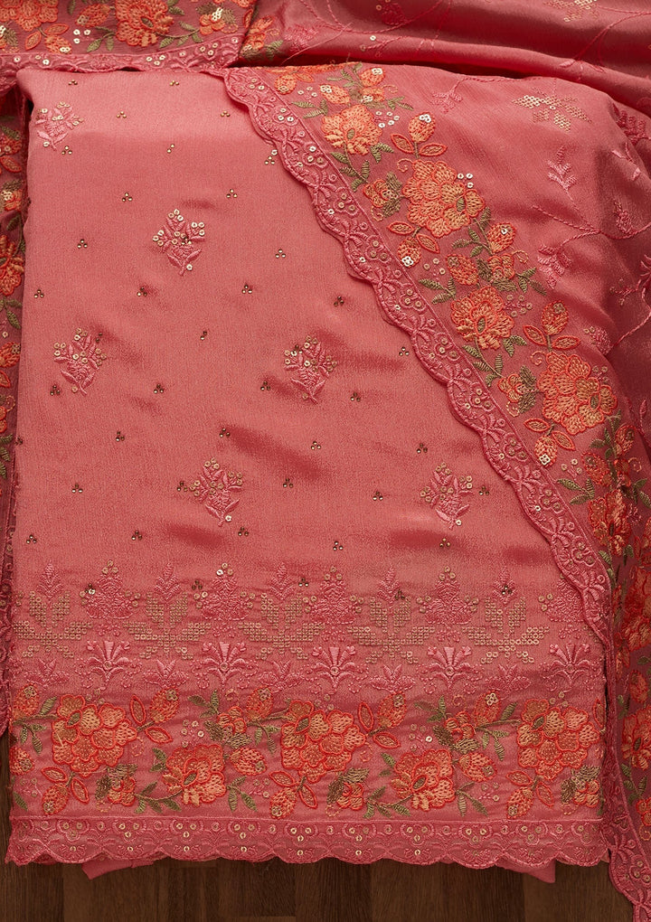 Onion Pink Threadwork Georgette Unstitched Salwar Suit-Koskii