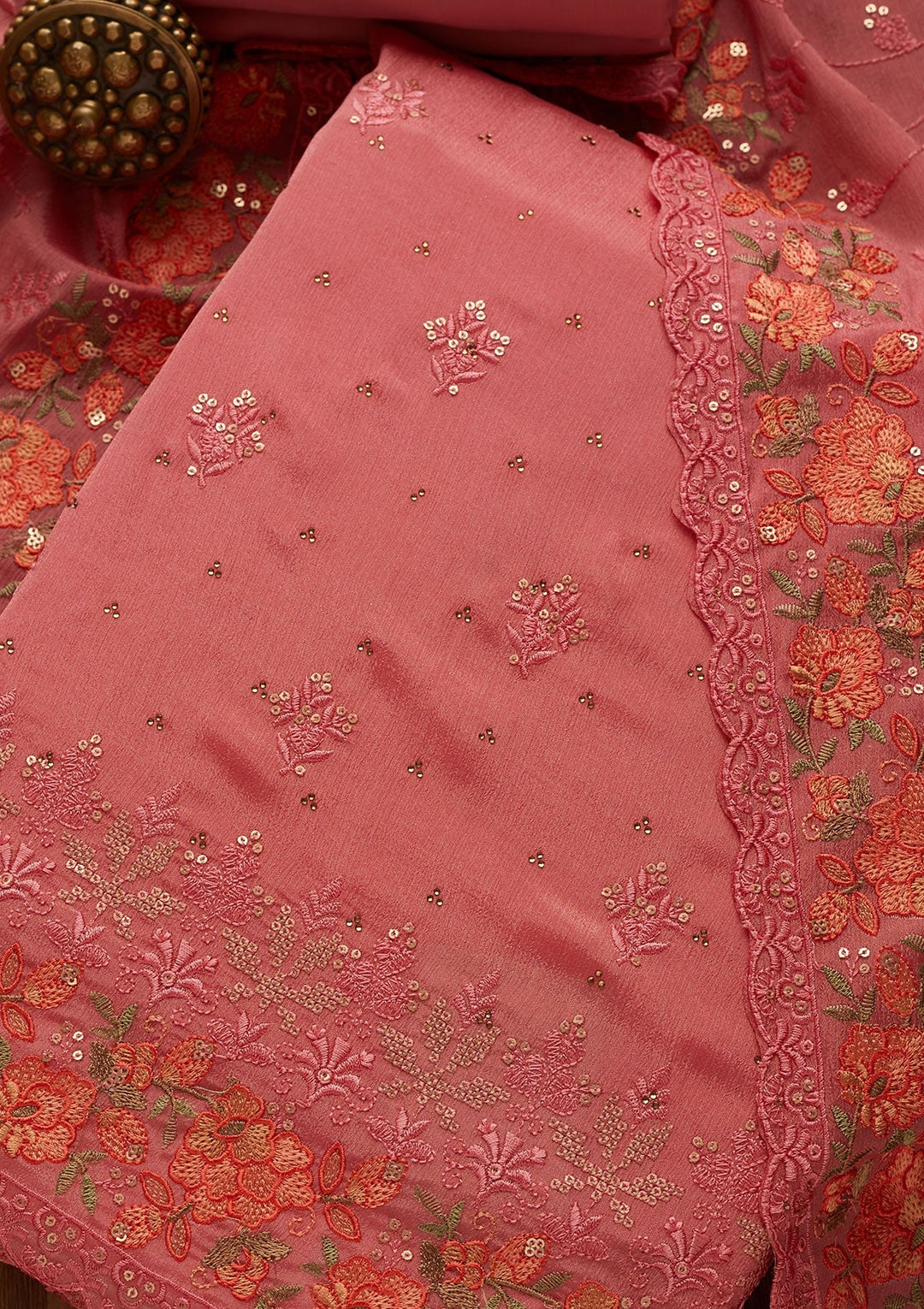 Onion Pink Threadwork Georgette Unstitched Salwar Suit-Koskii