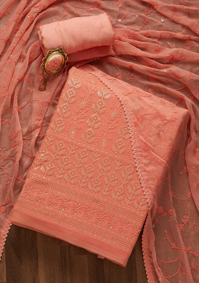Onion Pink Threadwork Georgette Unstitched Salwar Suit-Koskii