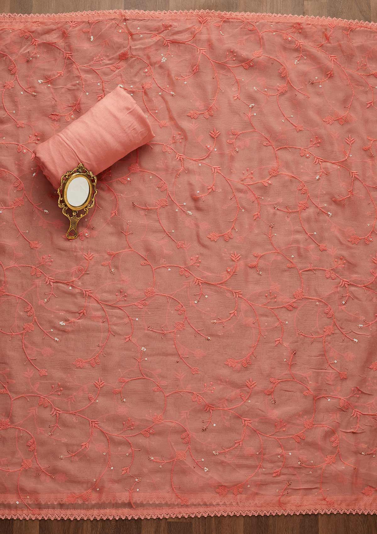 Onion Pink Threadwork Georgette Unstitched Salwar Suit-Koskii