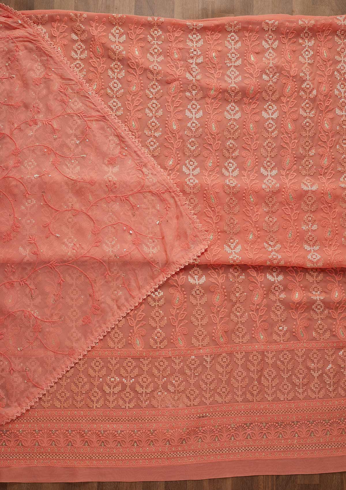 Onion Pink Threadwork Georgette Unstitched Salwar Suit-Koskii