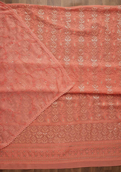 Onion Pink Threadwork Georgette Unstitched Salwar Suit-Koskii