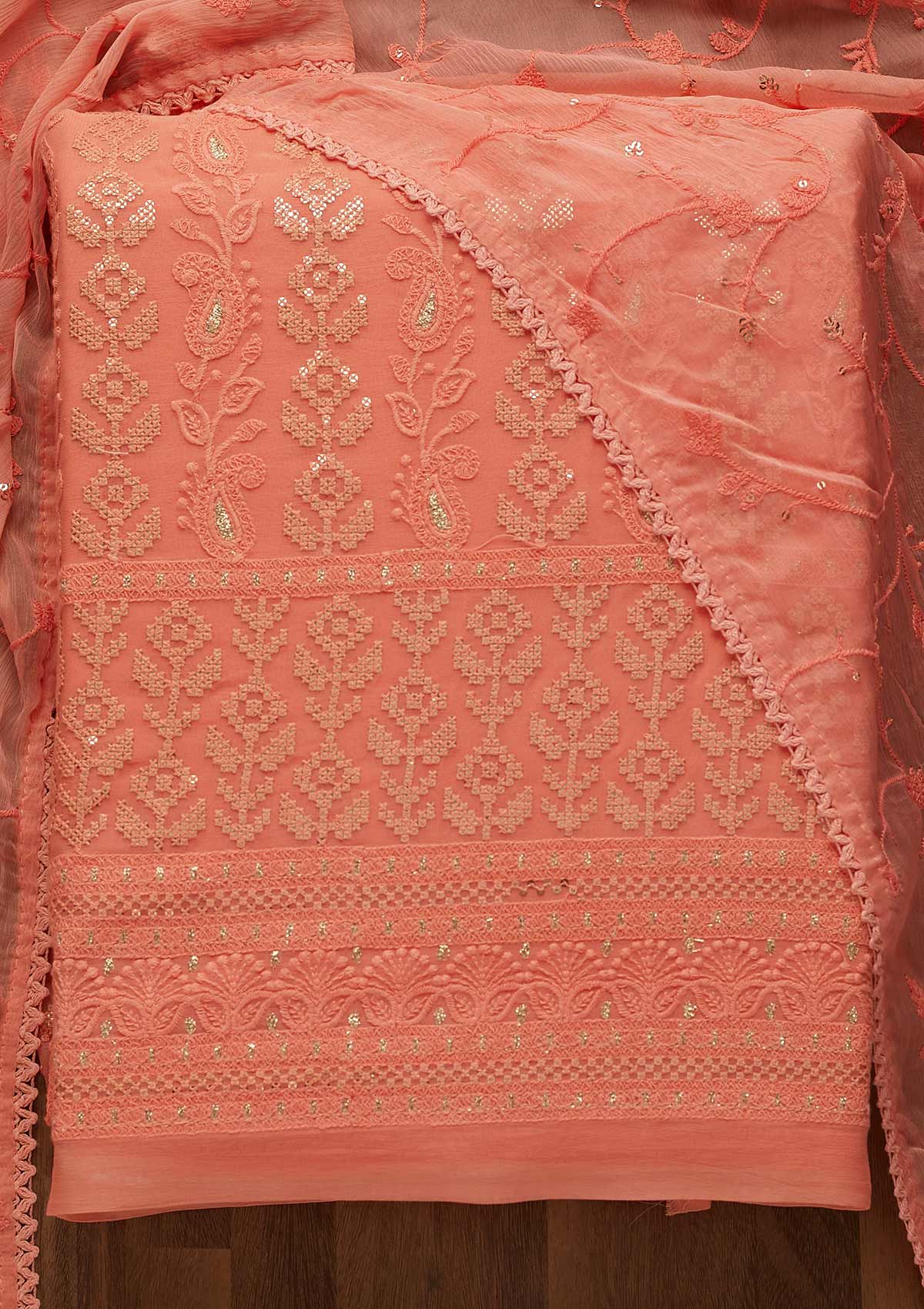 Onion Pink Threadwork Georgette Unstitched Salwar Suit-Koskii
