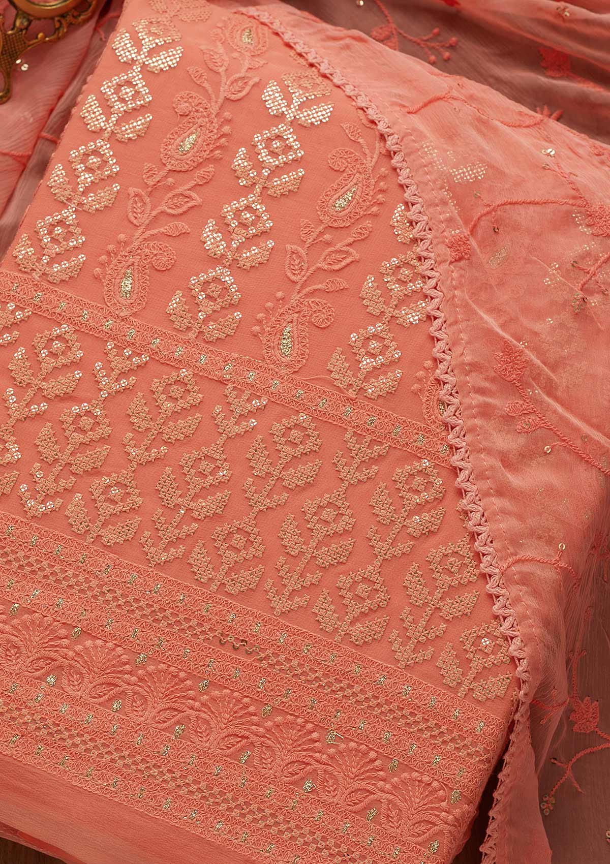 Onion Pink Threadwork Georgette Unstitched Salwar Suit-Koskii