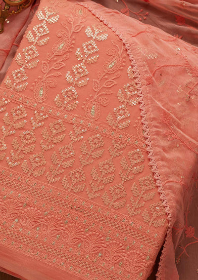 Onion Pink Threadwork Georgette Unstitched Salwar Suit-Koskii