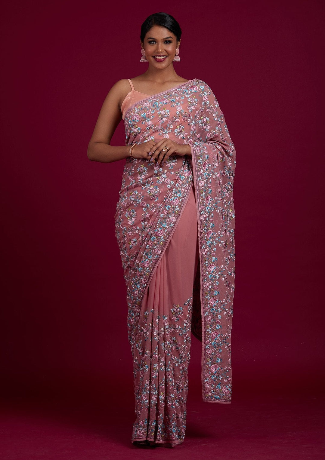 Onion Pink Threadwork Georgette Designer Saree - Koskii