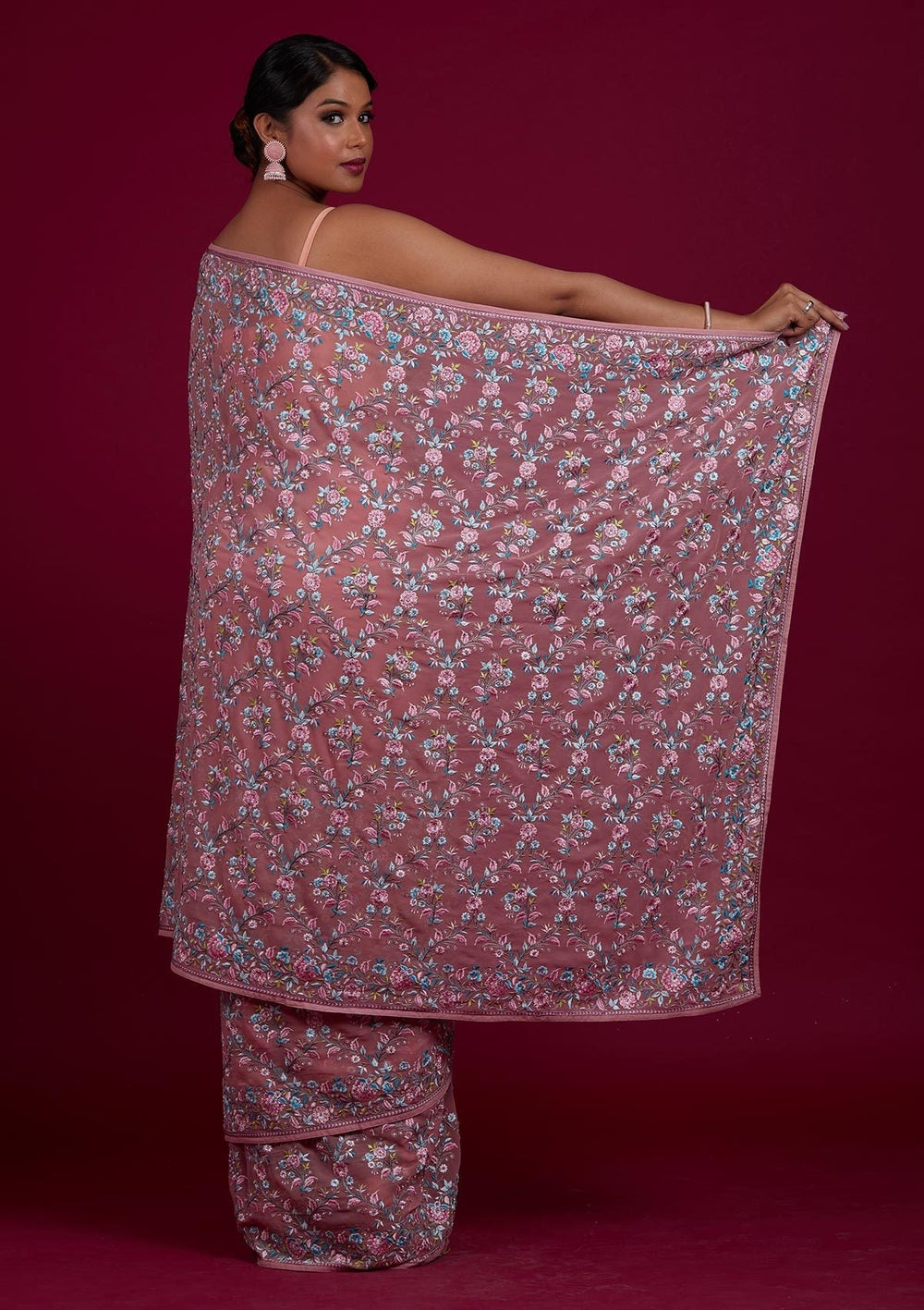 Onion Pink Threadwork Georgette Designer Saree - Koskii