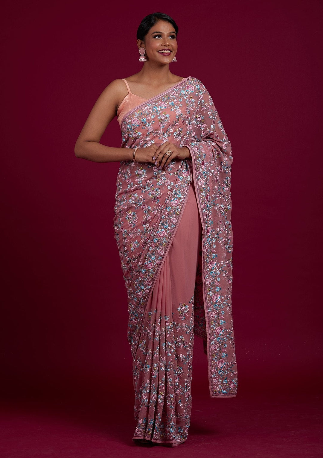 Onion Pink Threadwork Georgette Designer Saree - Koskii