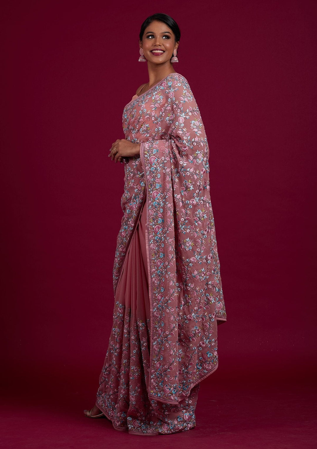 Onion Pink Threadwork Georgette Designer Saree - Koskii