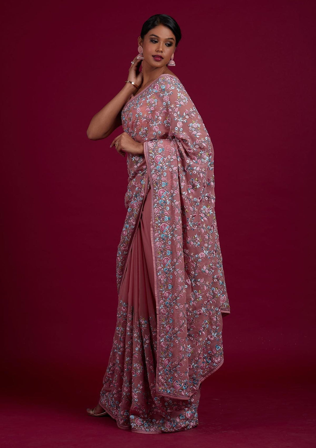Onion Pink Threadwork Georgette Designer Saree - Koskii