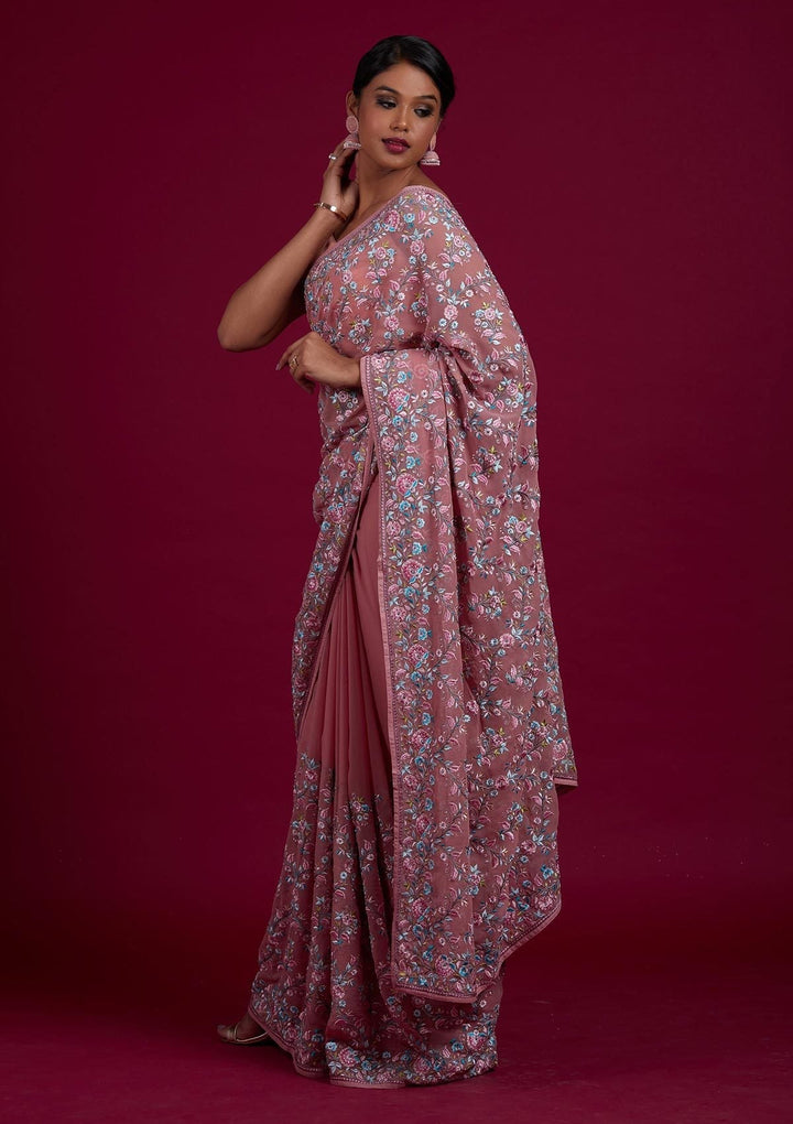Onion Pink Threadwork Georgette Designer Saree - Koskii