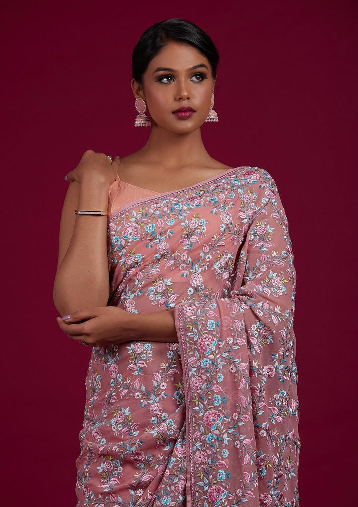 Onion Pink Threadwork Georgette Designer Saree - Koskii