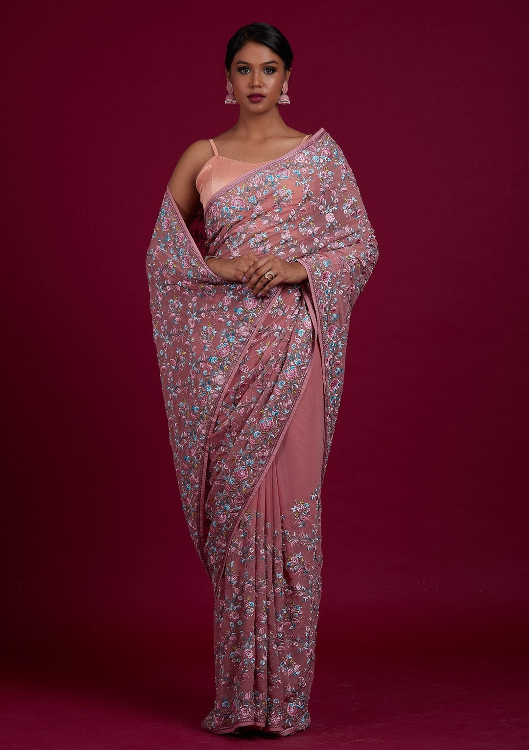 Onion Pink Threadwork Georgette Designer Saree - Koskii