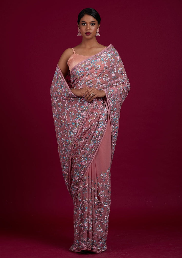Onion Pink Threadwork Georgette Designer Saree - Koskii