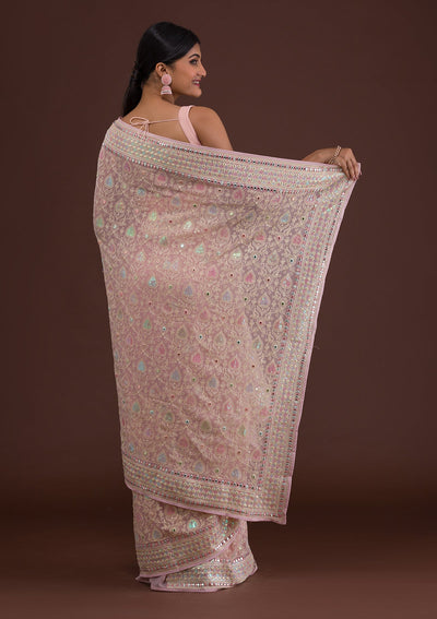 Onion Pink Threadwork Georgette Saree-Koskii