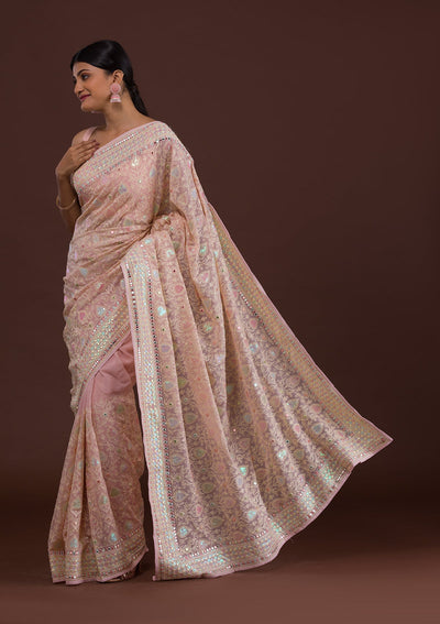 Onion Pink Threadwork Georgette Saree-Koskii