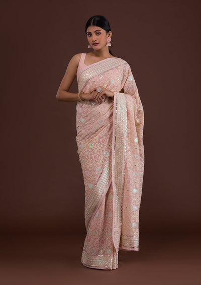 Onion Pink Threadwork Georgette Saree-Koskii