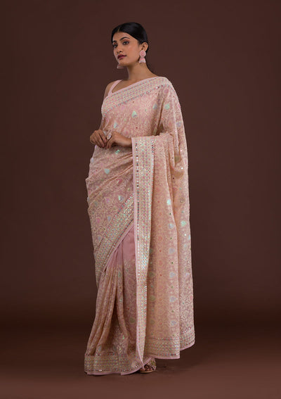 Onion Pink Threadwork Georgette Saree-Koskii