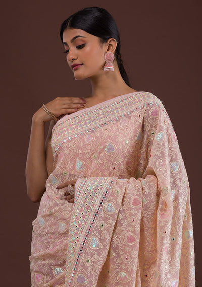 Onion Pink Threadwork Georgette Saree-Koskii