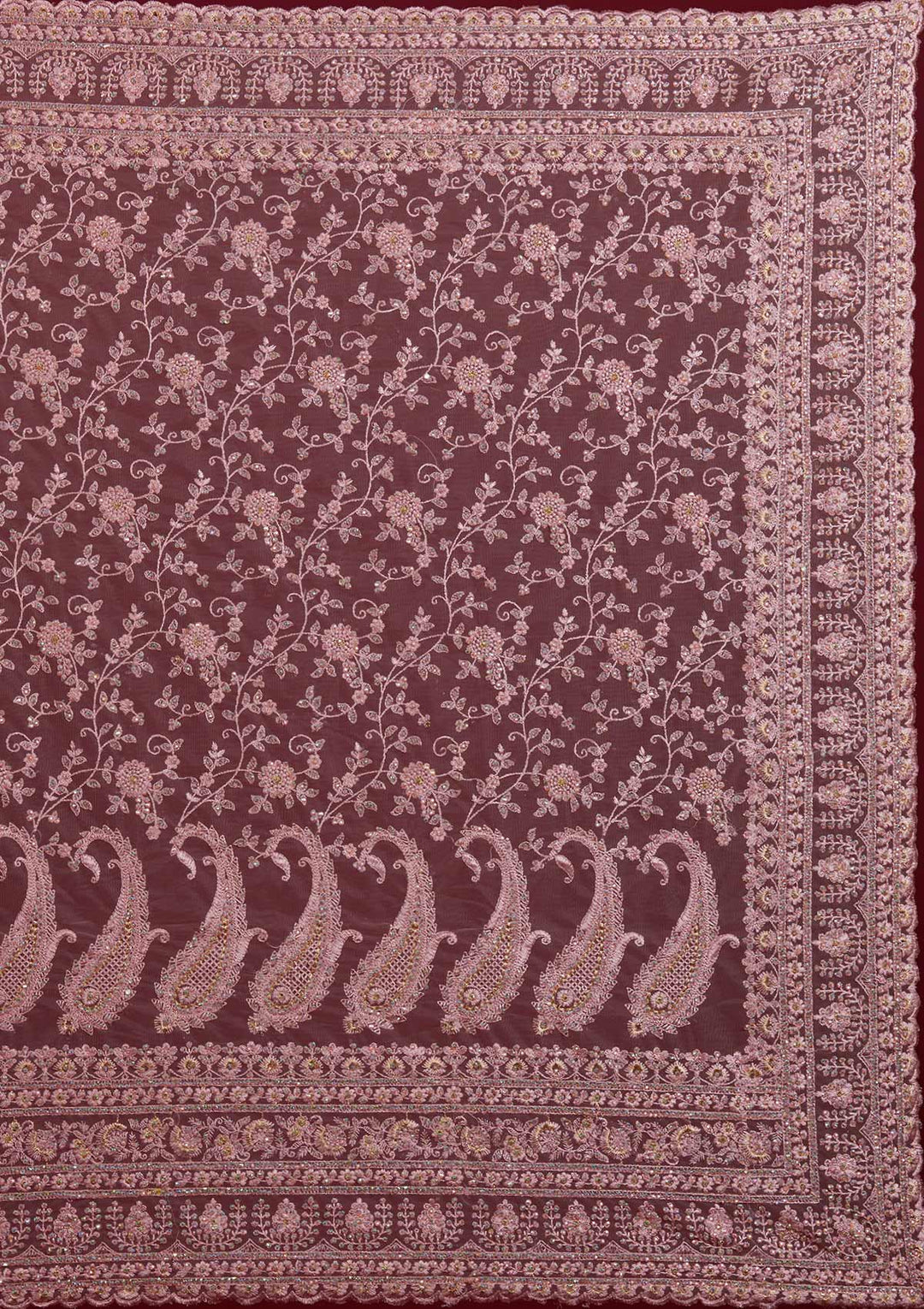 Onion Pink Threadwork Net Designer Saree - Koskii